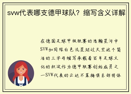 svw代表哪支德甲球队？缩写含义详解
