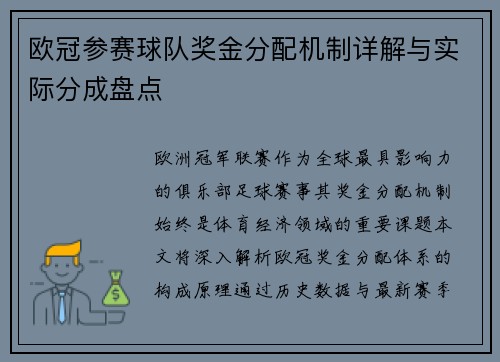 欧冠参赛球队奖金分配机制详解与实际分成盘点