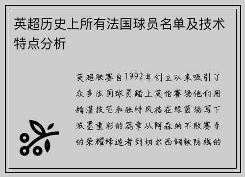 英超历史上所有法国球员名单及技术特点分析